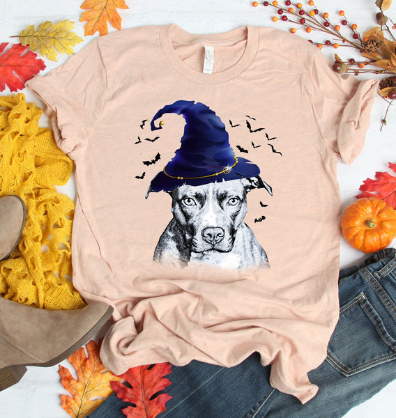 FUN HALLOWEEN PIT BULL WIZARD HAT TEES - UP TO 4XL - 4 COLORS