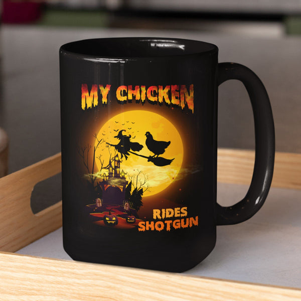FUN HALLOWEEN CHICKEN RIDES SHOTGUN Black Mug - BIG 15 oz. size