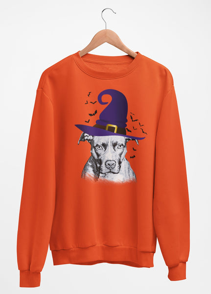FUN HALLOWEEN PIT BULL WITCH HAT CREWNECK SWEATSHIRTS - UP TO 4XL - 3 COLORS