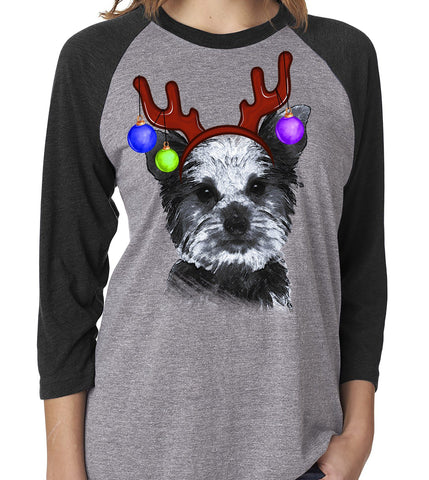 FUN REINDEER YORKIE GRAY RAGLAN TEE - UP TO 3XL - 3 COLORS