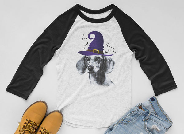 FUN HALLOWEEN DACHSHUND IN WITCH HAT RAGLAN TEE - UP TO 3XL - 2 COLORS