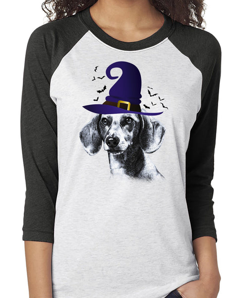 FUN HALLOWEEN DACHSHUND IN WITCH HAT RAGLAN TEE - UP TO 3XL - 2 COLORS