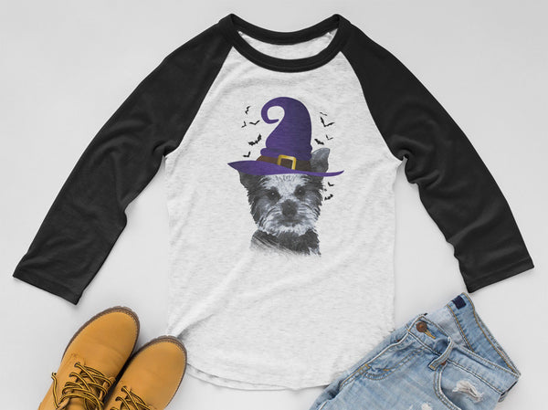 FUN HALLOWEEN YORKIE IN WITCH HAT RAGLAN TEE - UP TO 3XL - 2 COLORS