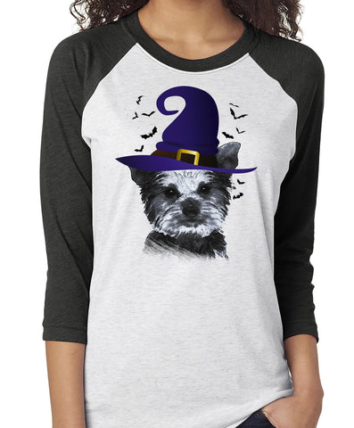 FUN HALLOWEEN YORKIE IN WITCH HAT RAGLAN TEE - UP TO 3XL - 2 COLORS