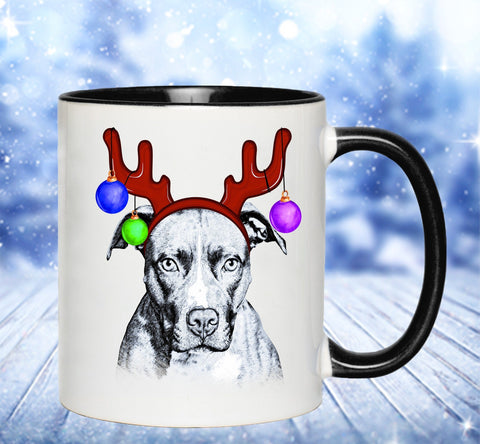 FUN REINDEER PIT BULL TWO-TONED MUG - 2 COLORS TO CHOOSE FROM