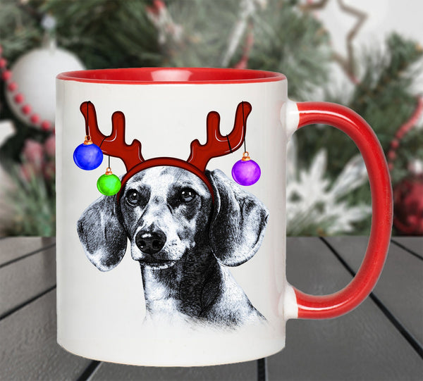 FUN REINDEER DACHSHUND TWO-TONED MUG - 2 COLORS TO CHOOSE FROM