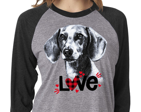 DACHSHUND LOVE GRAY RAGLAN TEE - UP TO 3XL - GREAT FOR VALENTINE'S DAY
