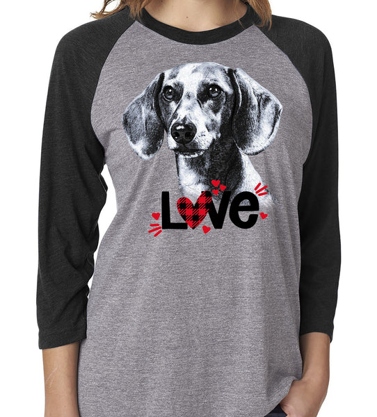 DACHSHUND LOVE GRAY RAGLAN TEE - UP TO 3XL - GREAT FOR VALENTINE'S DAY