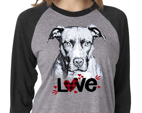 PIT BULL LOVE GRAY RAGLAN TEE - UP TO 3XL - GREAT FOR VALENTINE'S DAY