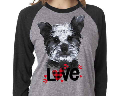 YORKIE LOVE GRAY RAGLAN TEE - UP TO 3XL - GREAT FOR VALENTINE'S DAY