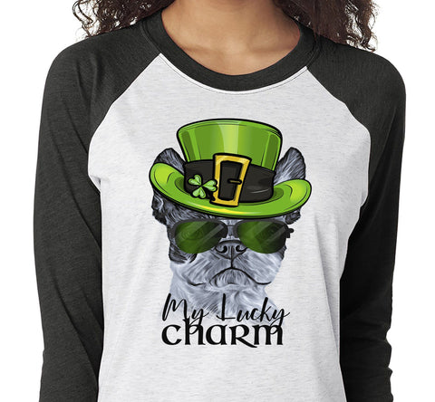 COOL LUCKY CHARM BOSTON TERRIER RAGLAN TEE - UP TO 3XL