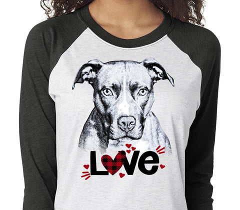 PIT BULL LOVE RAGLAN TEE - UP TO 3XL - GREAT FOR VALENTINE'S DAY