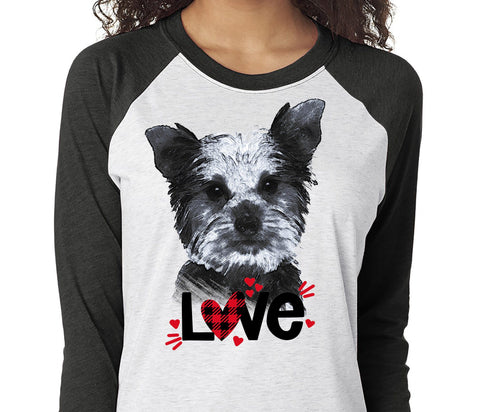YORKIE LOVE RAGLAN TEE - UP TO 3XL - GREAT FOR VALENTINE'S DAY