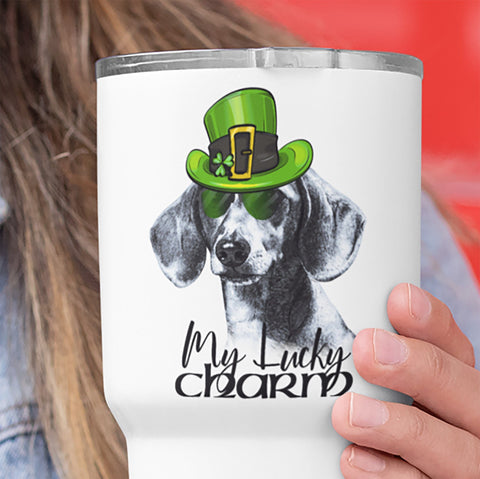 COOL LUCKY CHARM DACHSHUND WHITE STAINLESS STEEL TUMBLER - BIG 30 oz. size