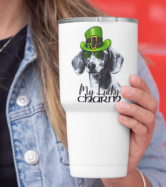 COOL LUCKY CHARM DACHSHUND WHITE STAINLESS STEEL TUMBLER - BIG 30 oz. size