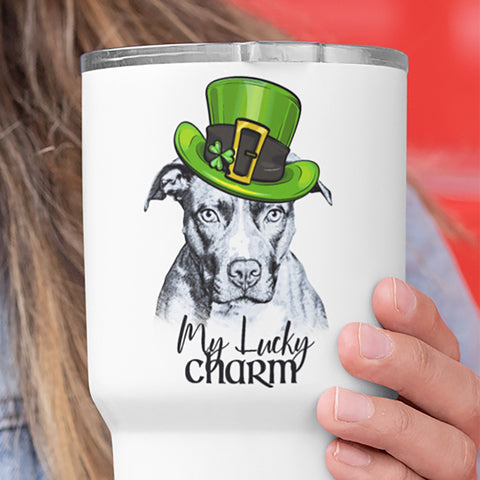 MY LUCKY CHARM PIT BULL WHITE STAINLESS STEEL TUMBLER - BIG 30 oz. size