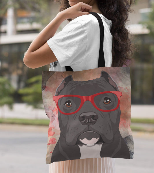 COOL HIPSTER PIT BULL CANVAS TOTE - CROPPED EARS - NEW BIGGER SIZE