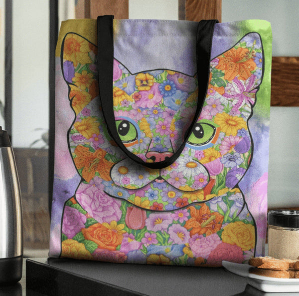 FABULOUS FLOWER CAT CANVAS TOTE - NEW BIGGER SIZE